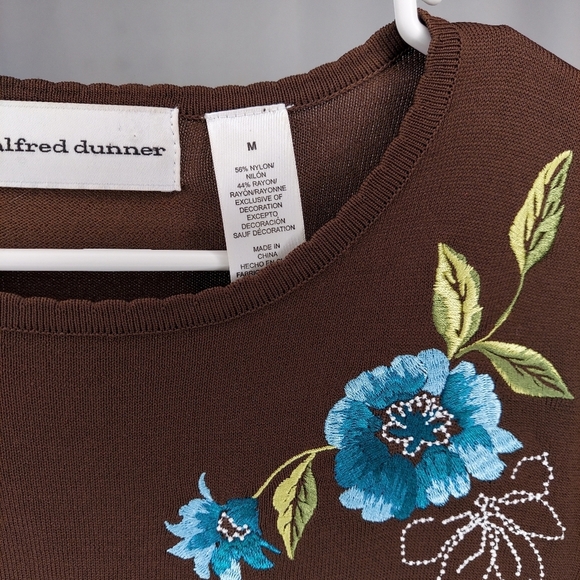 Vtg Embroidered Sweater Medium Floral Short Sleeve Brown Teal Nylon Stretch Knit - Picture 4 of 4